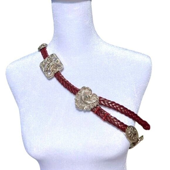 Vintage Deep Red Braided Genuine Leather Belt With Silver-Tone 3D Cherub Design main image 9